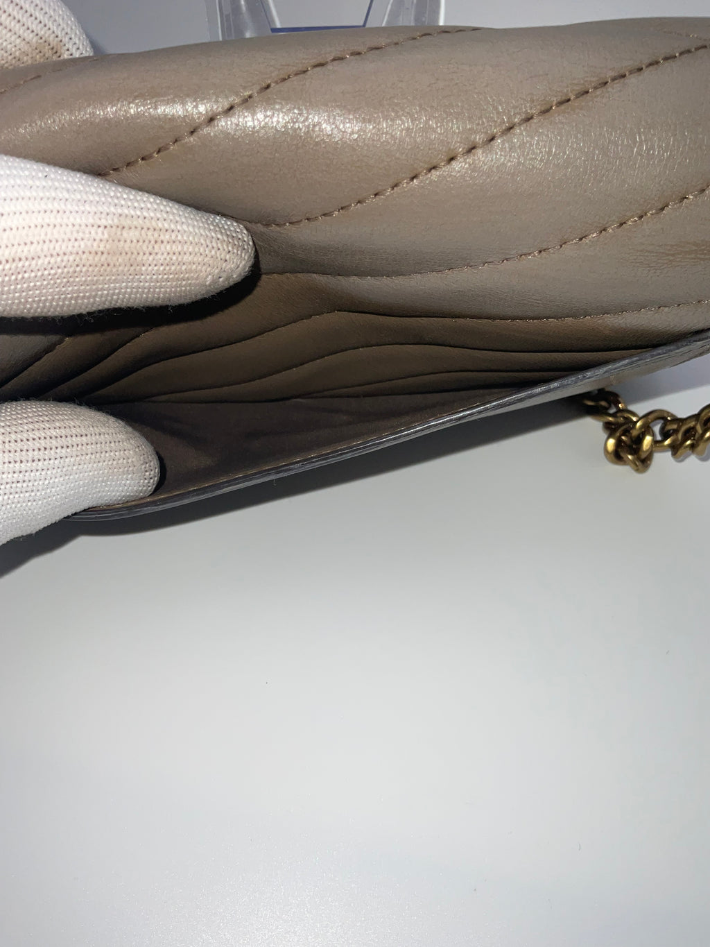 Tory Burch Kira Chevron Leather Wallet On Chain Crossbody Taupe Antique Brass