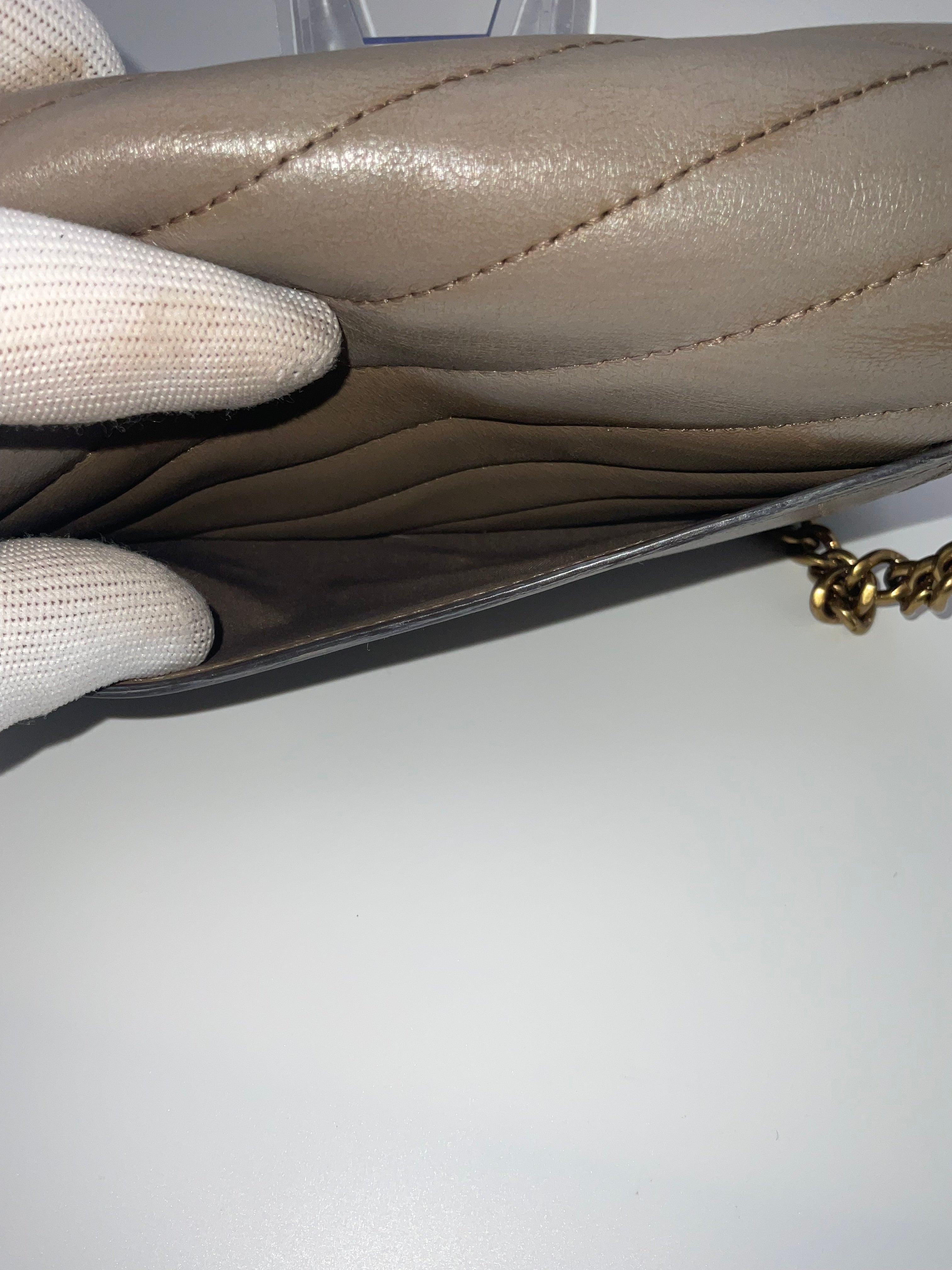 Tory Burch Kira Chevron Leather Wallet On Chain Crossbody Taupe Antique Brass