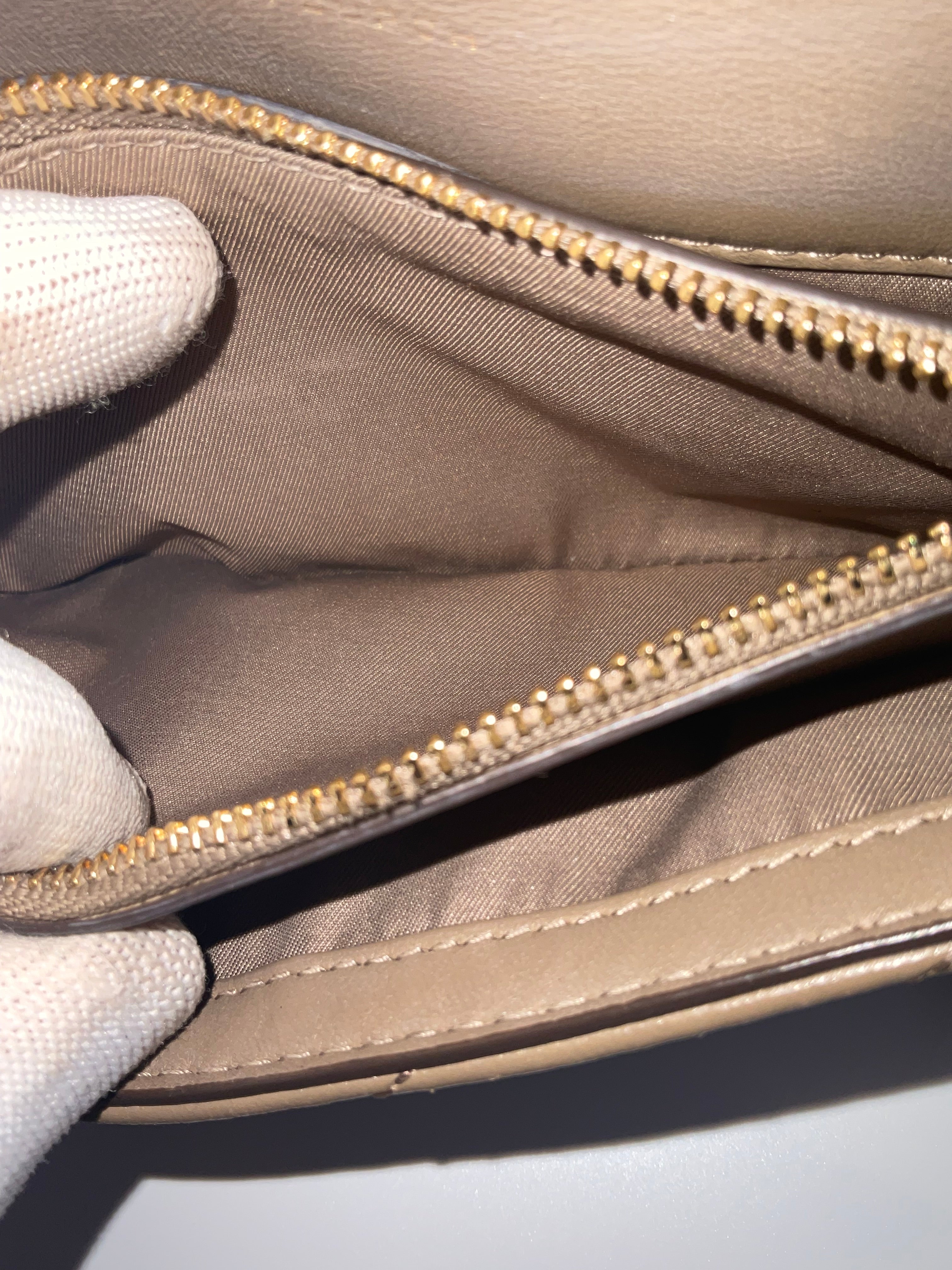 Tory Burch Kira Chevron Leather Wallet On Chain Crossbody Taupe Antique Brass