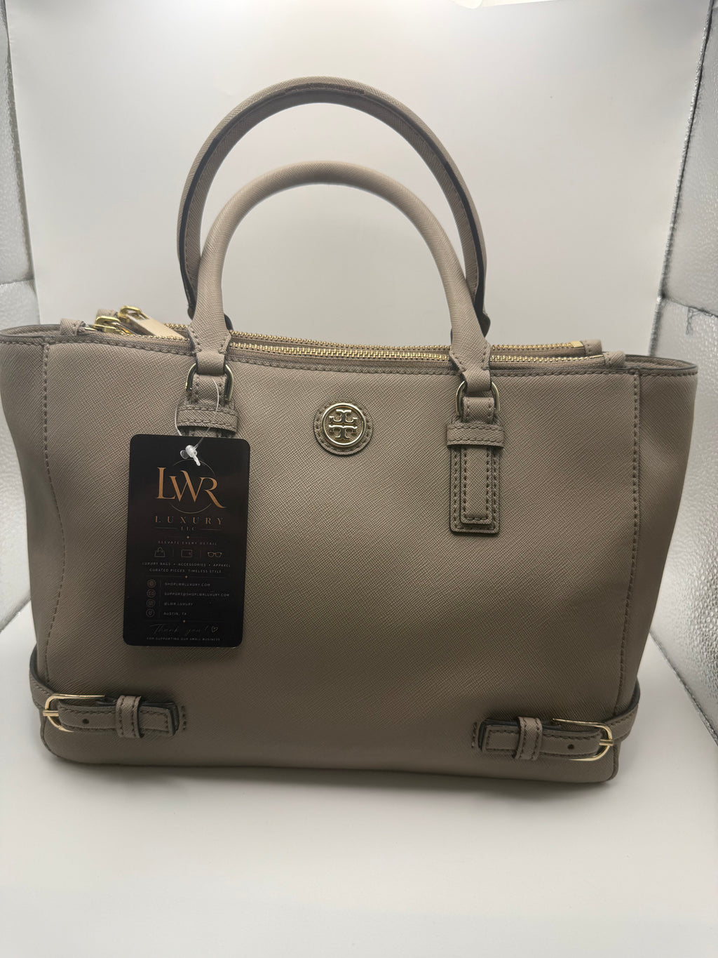 Tory Burch Bolso Satchel de Piel Saffiano Taupe