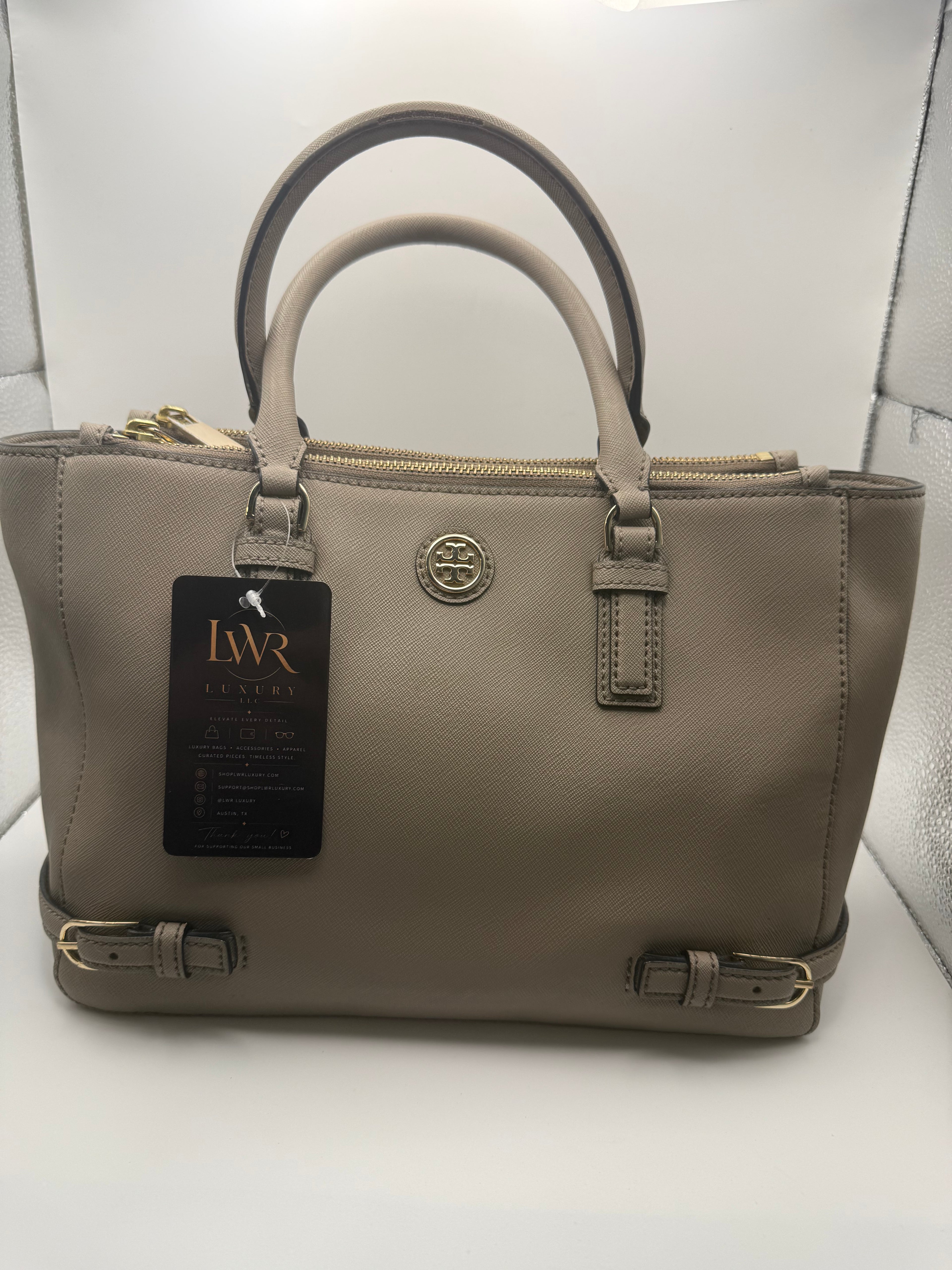 Tory Burch Bolso Satchel de Piel Saffiano Taupe